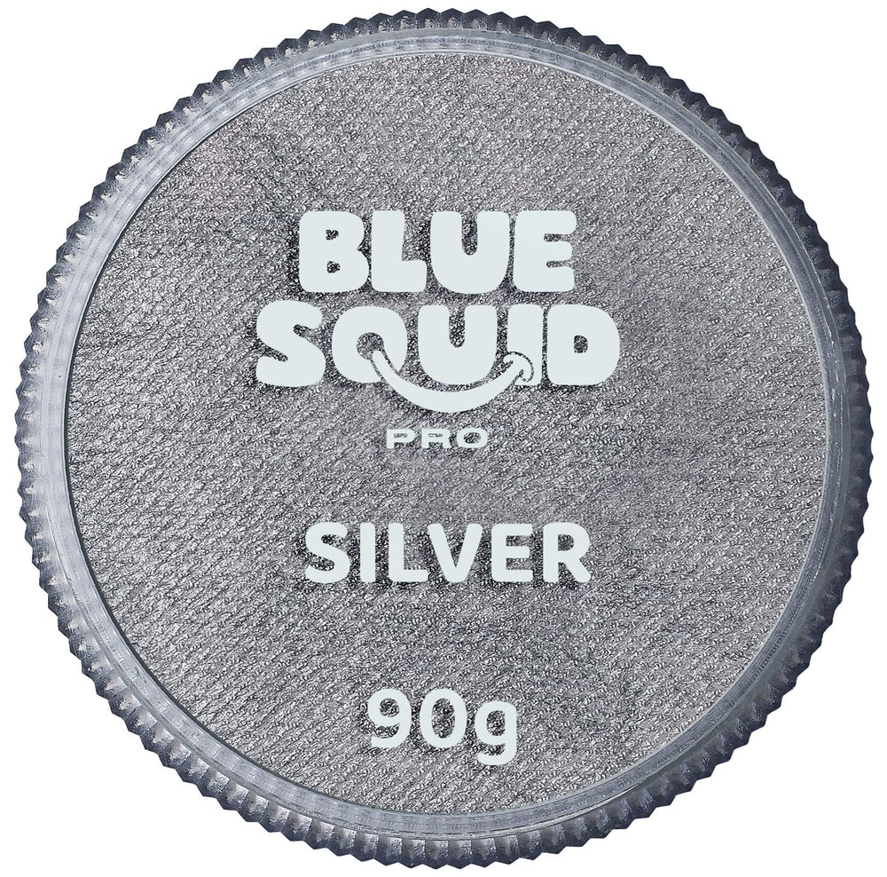Blue Squid PRO metallic silver face paint swatch in a 90g tub for bold designs.