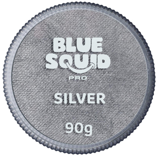 Blue Squid PRO metallic silver face paint swatch in a 90g tub for bold designs.