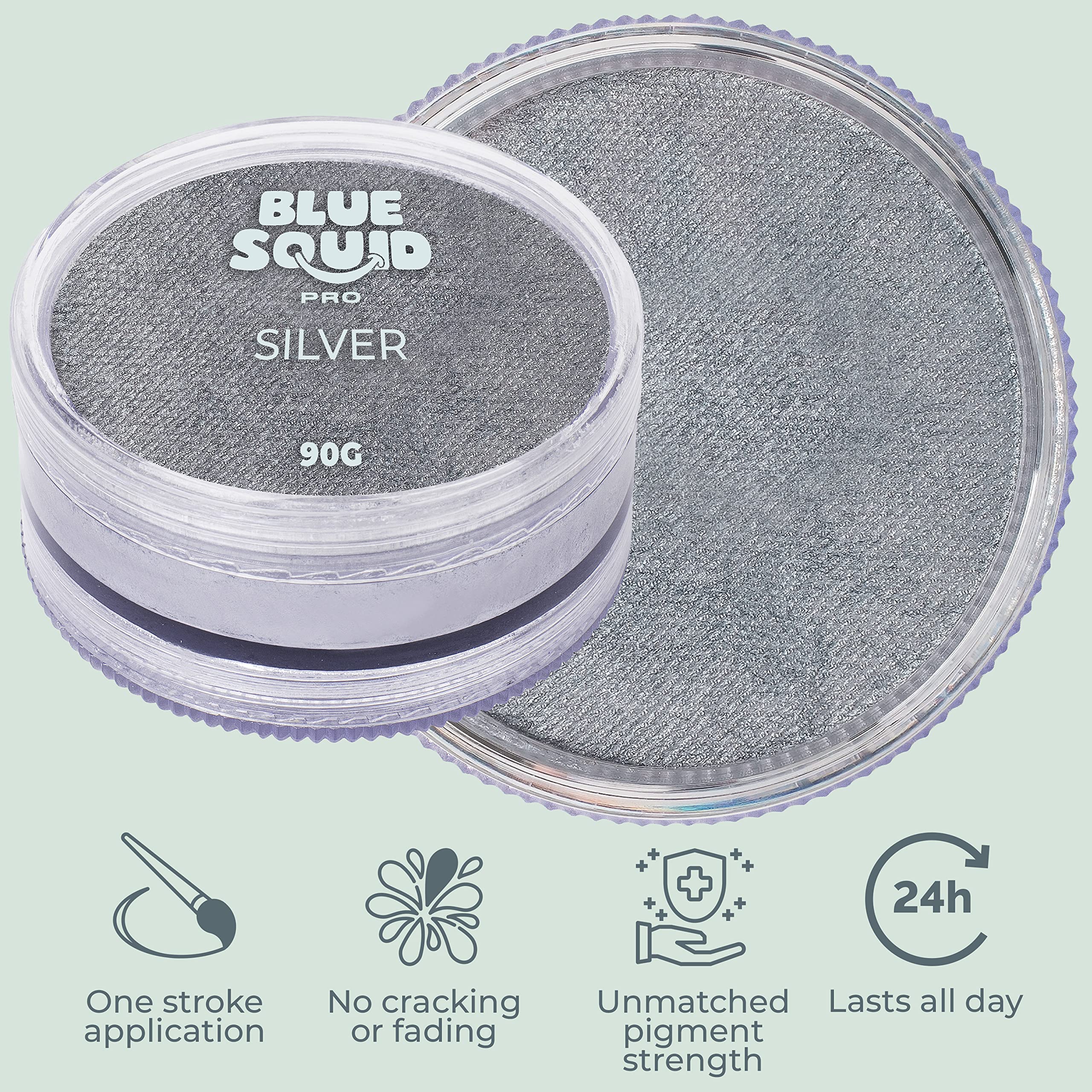 Studio shot of Blue Squid PRO metallic silver face paint finish.