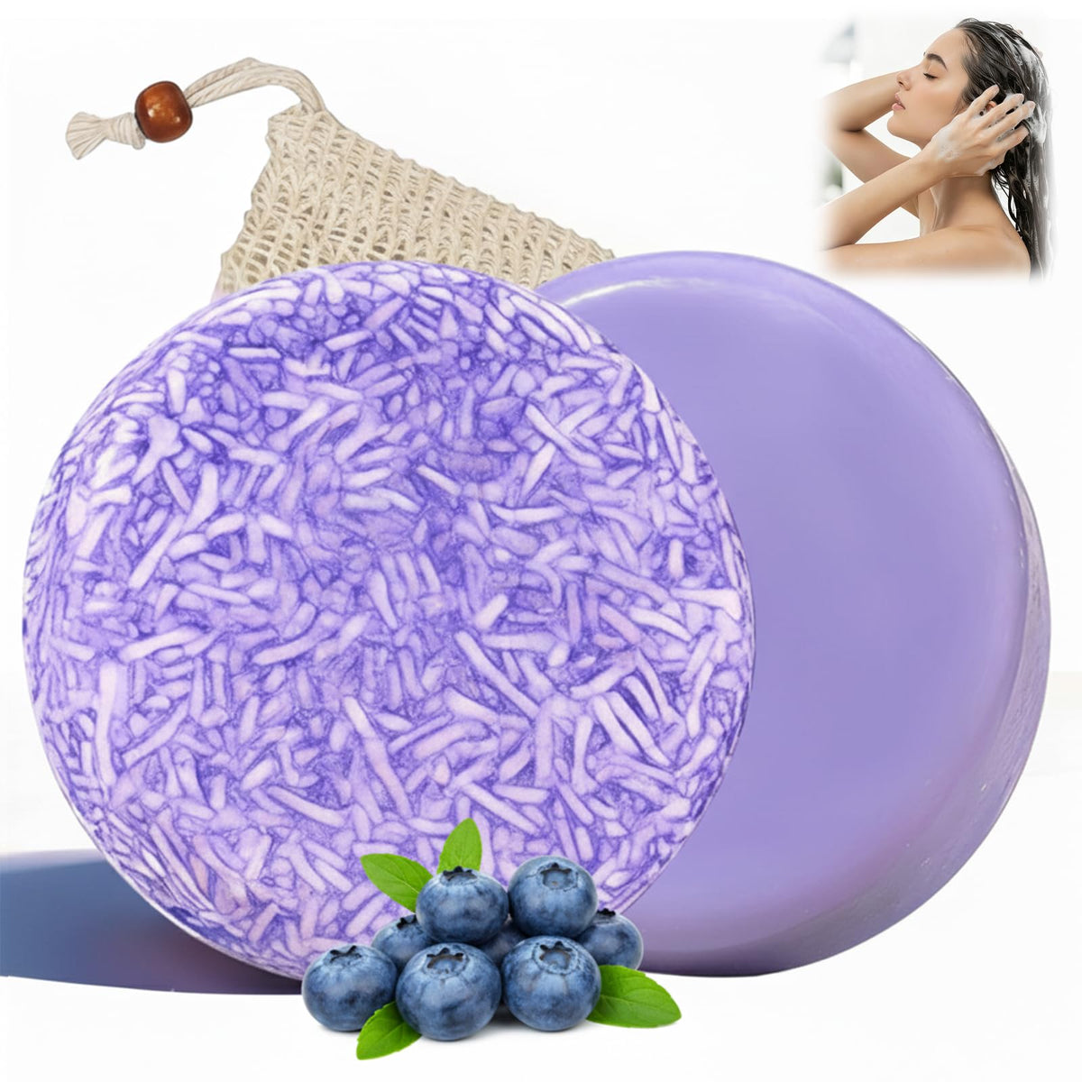 Blueberry Fields Shampoo Bar forms rich foam in warm water for cleansing