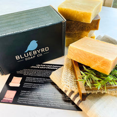 Bluebyrd Goat Milk Soap Gift Box arranged for gifting with five scented bars.