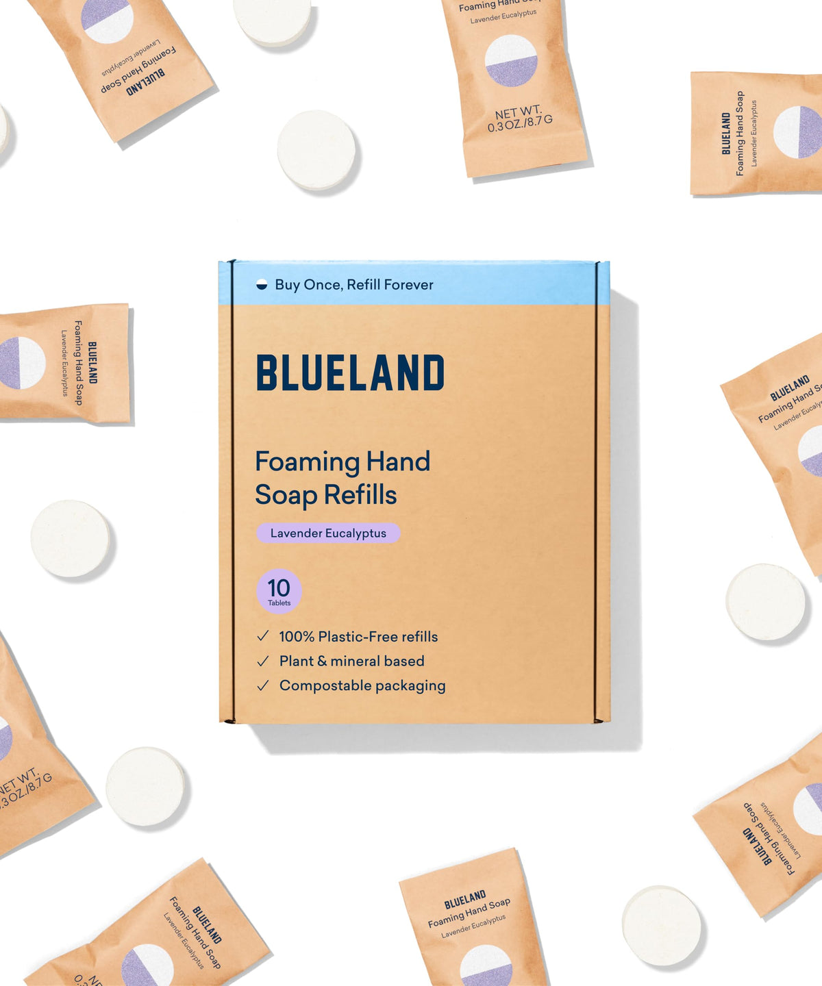 BLUELAND refill tablets for lavender eucalyptus hand soap, eco-friendly.