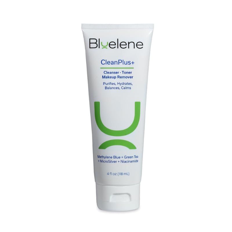 Bluelene CleanPlus+ bottle close-up, gentle cleanse for sensitive skin