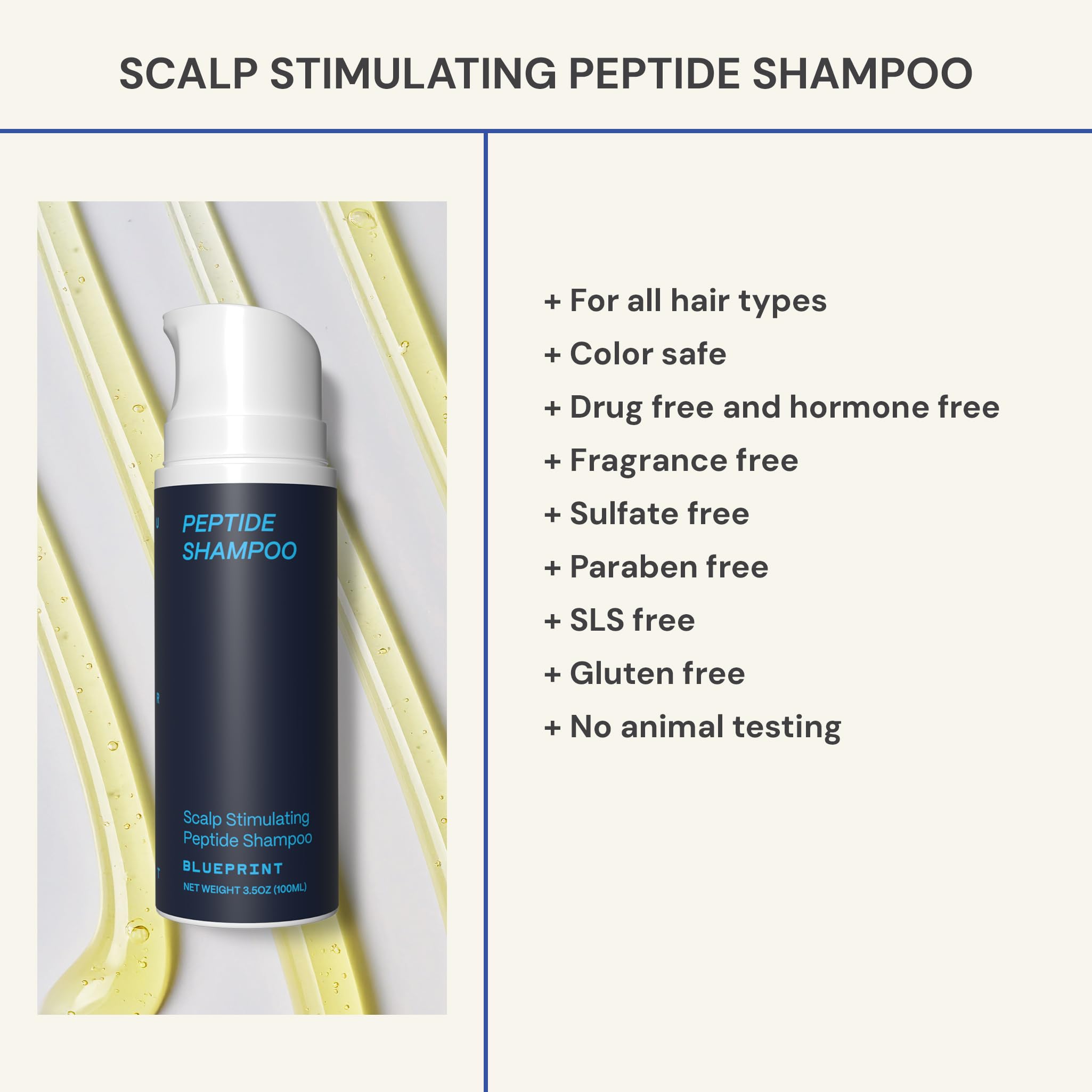 Blueprint Bryan Johnson Peptide Shampoo menthol and caffeine, refreshing tingling sensation.