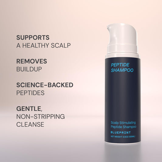 Blueprint Bryan Johnson Peptide Shampoo scalp application, invigorating daily wash for balanced scalp.