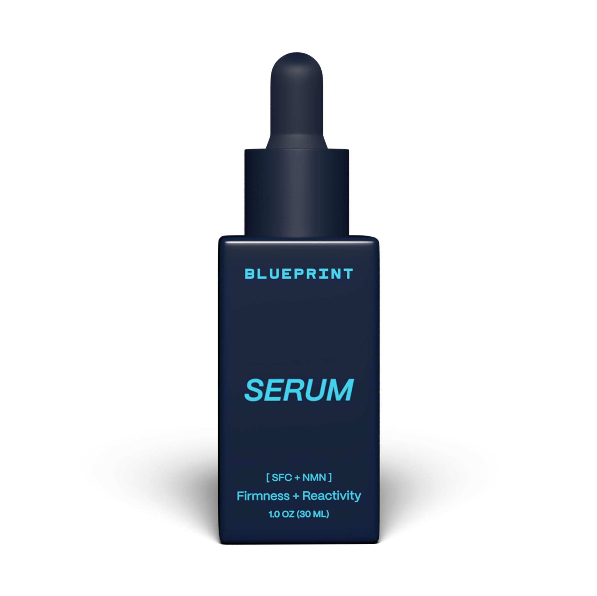 Blueprint Bryan Johnson Facial Serum bottle shows SFC-NMN formula for firmer, radiant skin.