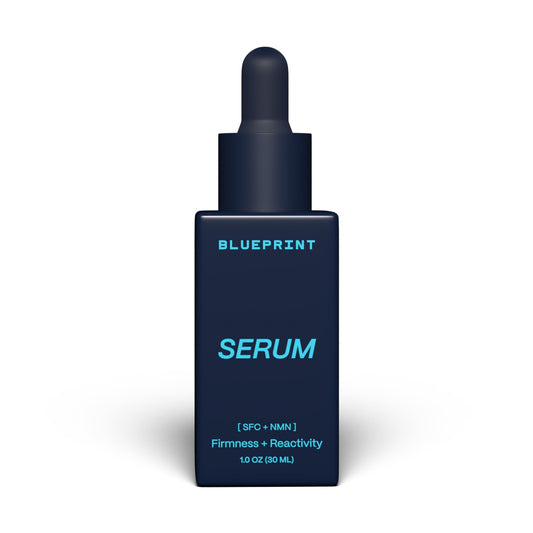 Blueprint Bryan Johnson Facial Serum bottle shows SFC-NMN formula for firmer, radiant skin.