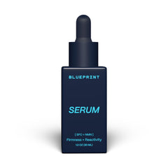 Blueprint Bryan Johnson Facial Serum bottle shows SFC-NMN formula for firmer, radiant skin.