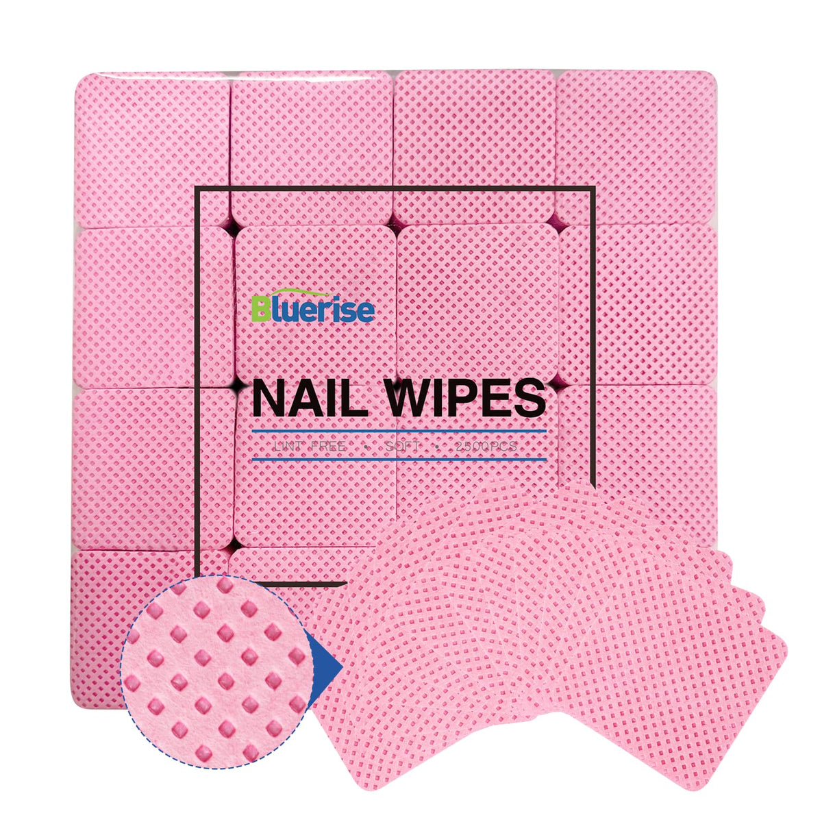 BLUERISE lint-free nail wipes packaging close-up for mess-free use