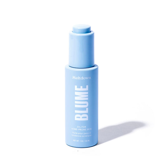 Blume Meltdown blue-tansy bottle pump demonstrates hydrating acne-prone skincare.
