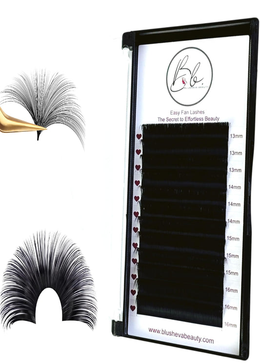 Blusheva Beauty front tray view showing arranged self-fanning lashes and fast prep benefit