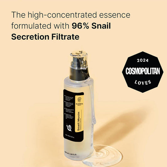 Closeup of the dispenser for Blusheva Snail Mucin Serum showing smooth absorption promise.