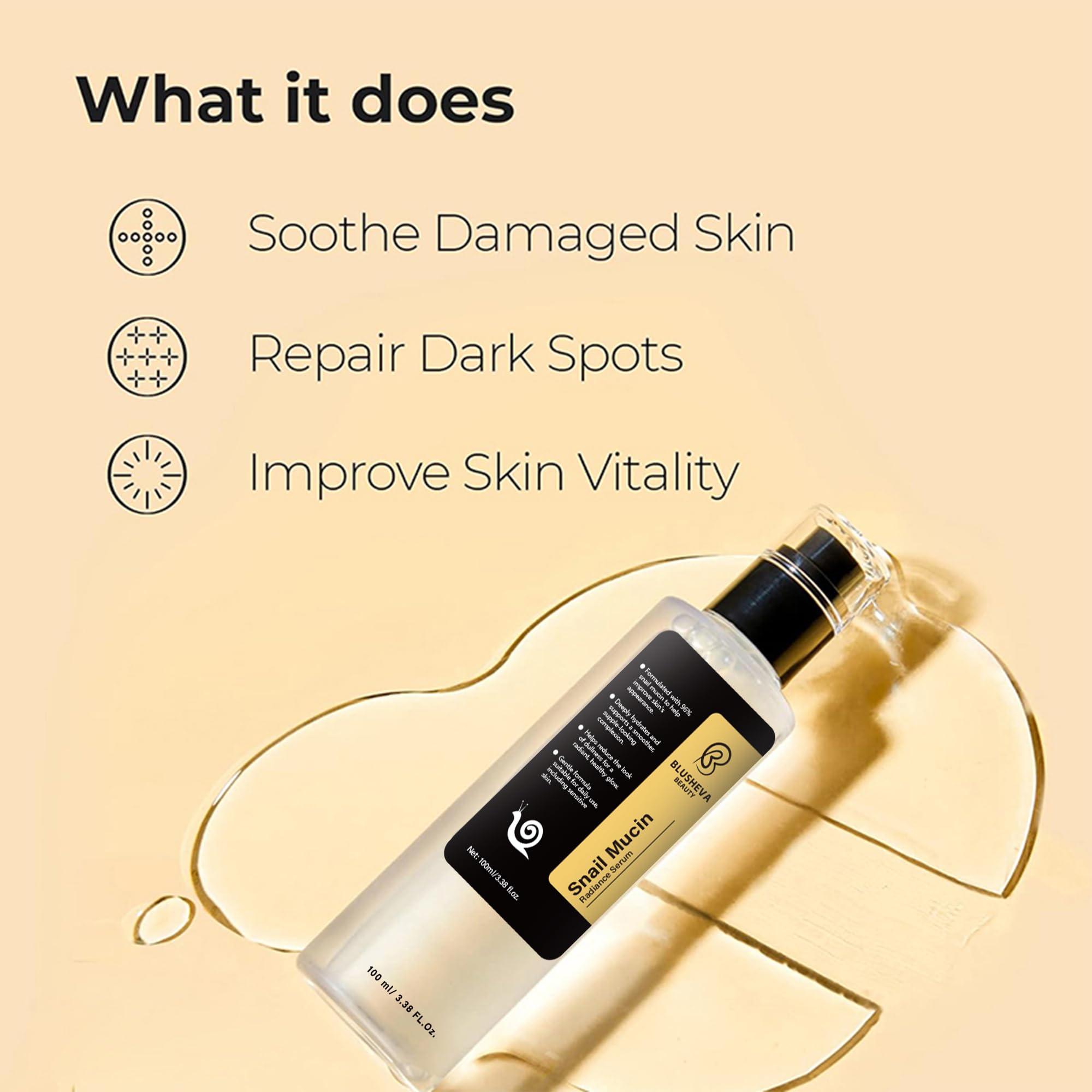 Packaging front of Blusheva Snail Mucin Serum highlights cruelty-free and premium quality.