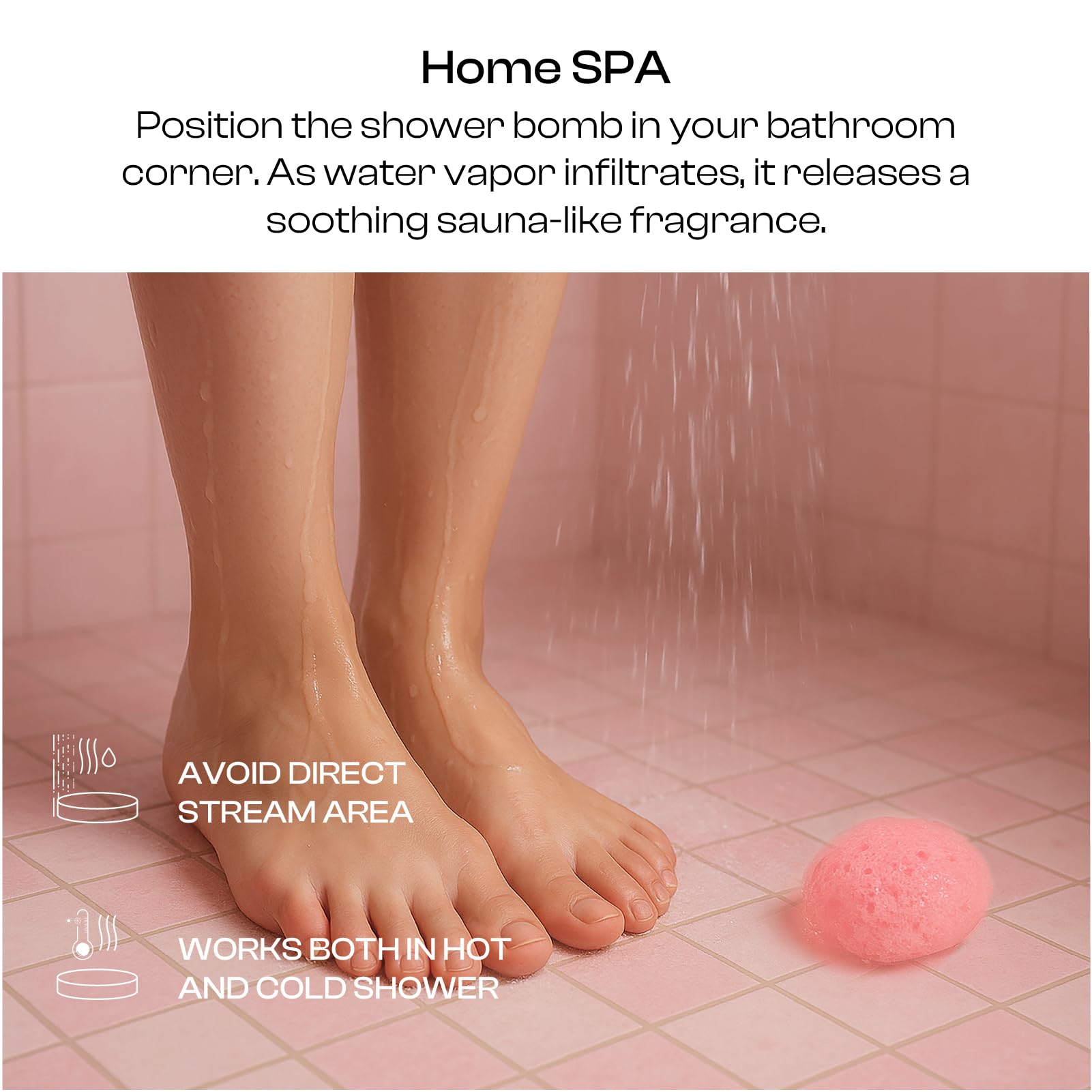 BoboSweeTree self-care setup showing shower steamers on the shower ledge.