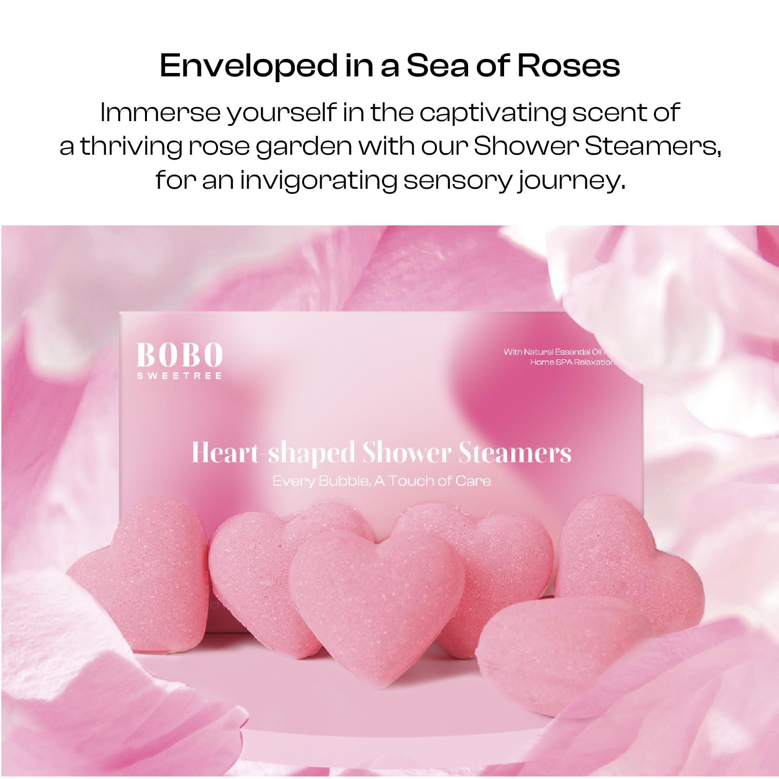 BoboSweeTree rose-scent shower steamer close-up highlights pink heart for mindful self-care.