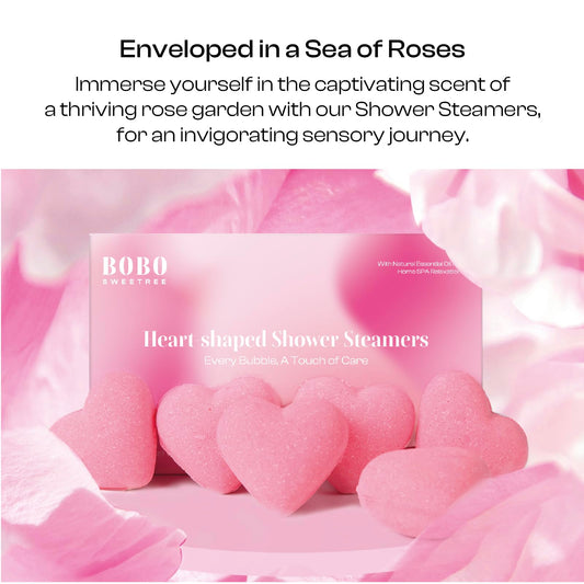 BoboSweeTree rose-scent shower steamer close-up highlights pink heart for mindful self-care.