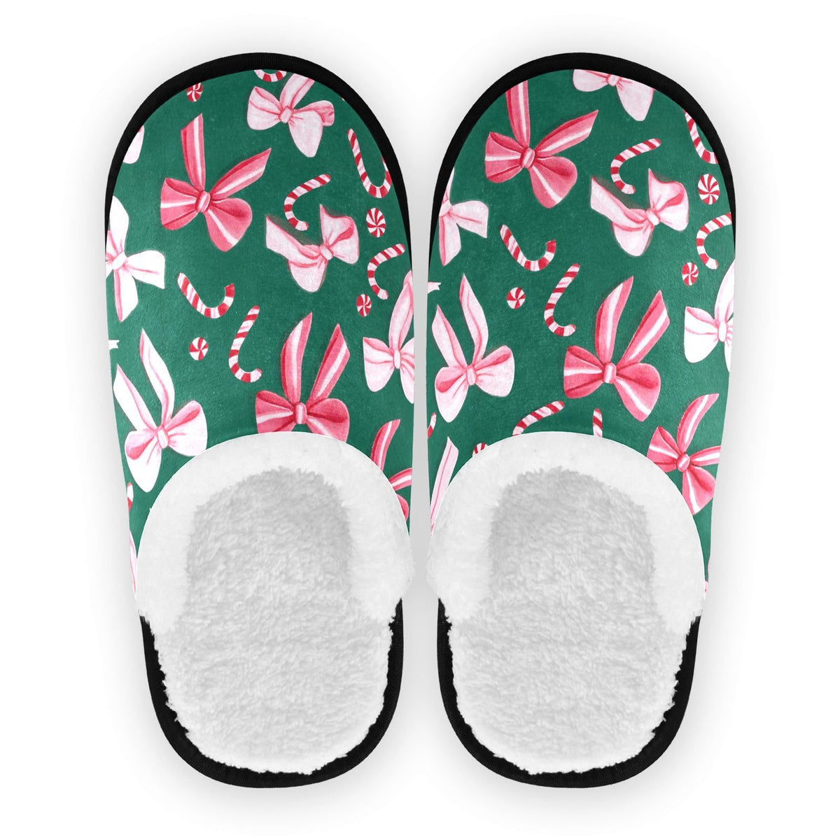 Boccsty Christmas slippers front view with pink-green bow, delivering cozy warmth.