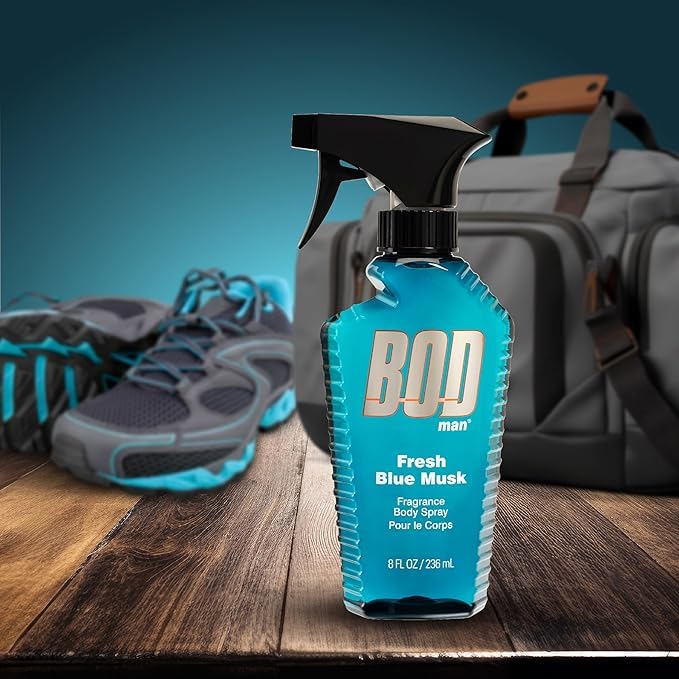 Bod Man Fresh Blue Musk label-front view emphasizes bold branding.