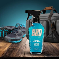 Bod Man Fresh Blue Musk label-front view emphasizes bold branding.