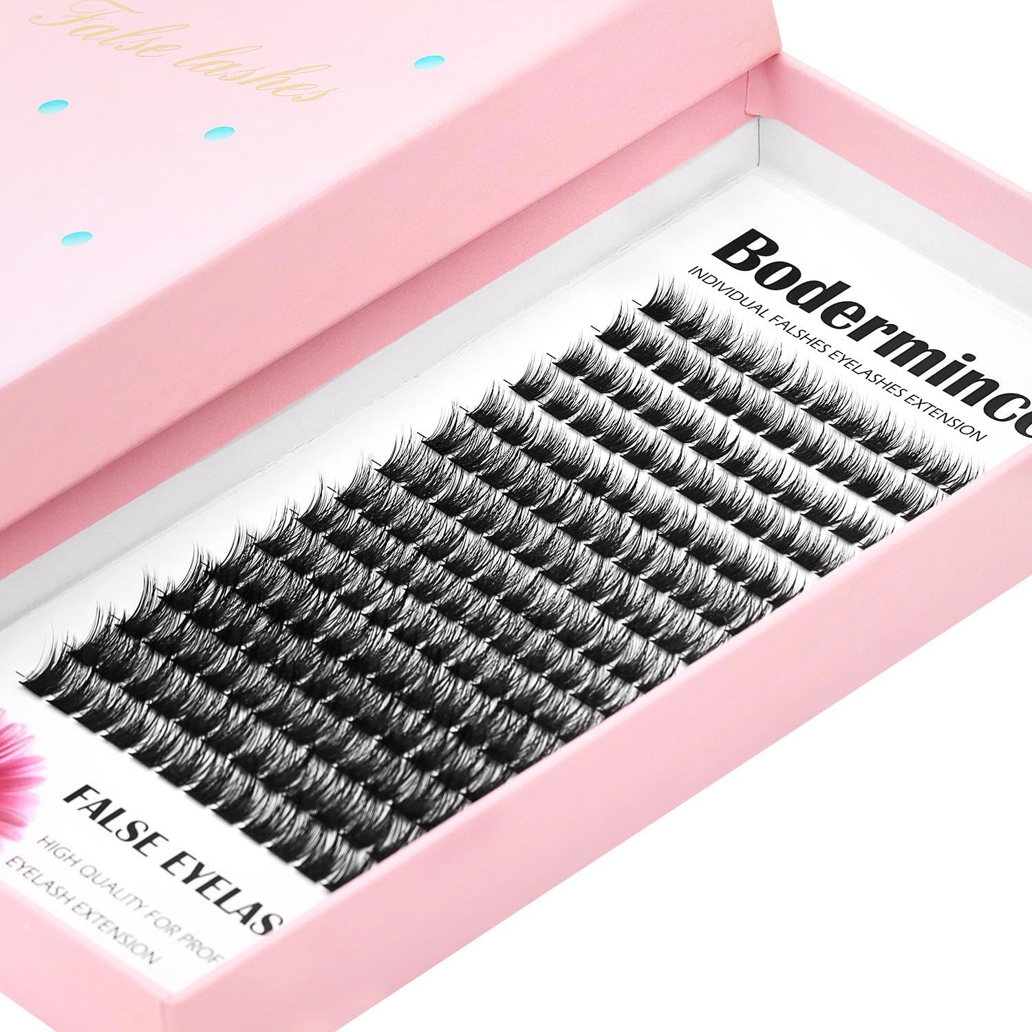 Bodermincer lash clusters tray view, 180-piece set for efficient DIY lash extensions.