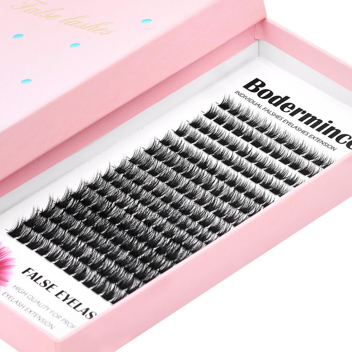 Bodermincer lash clusters tray view, 180-piece set for efficient DIY lash extensions.