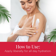 Body Drench Moisturizing Lotion ingredients panel featuring rosemary, nettle, cocoa butter, and jojoba for nourished skin.