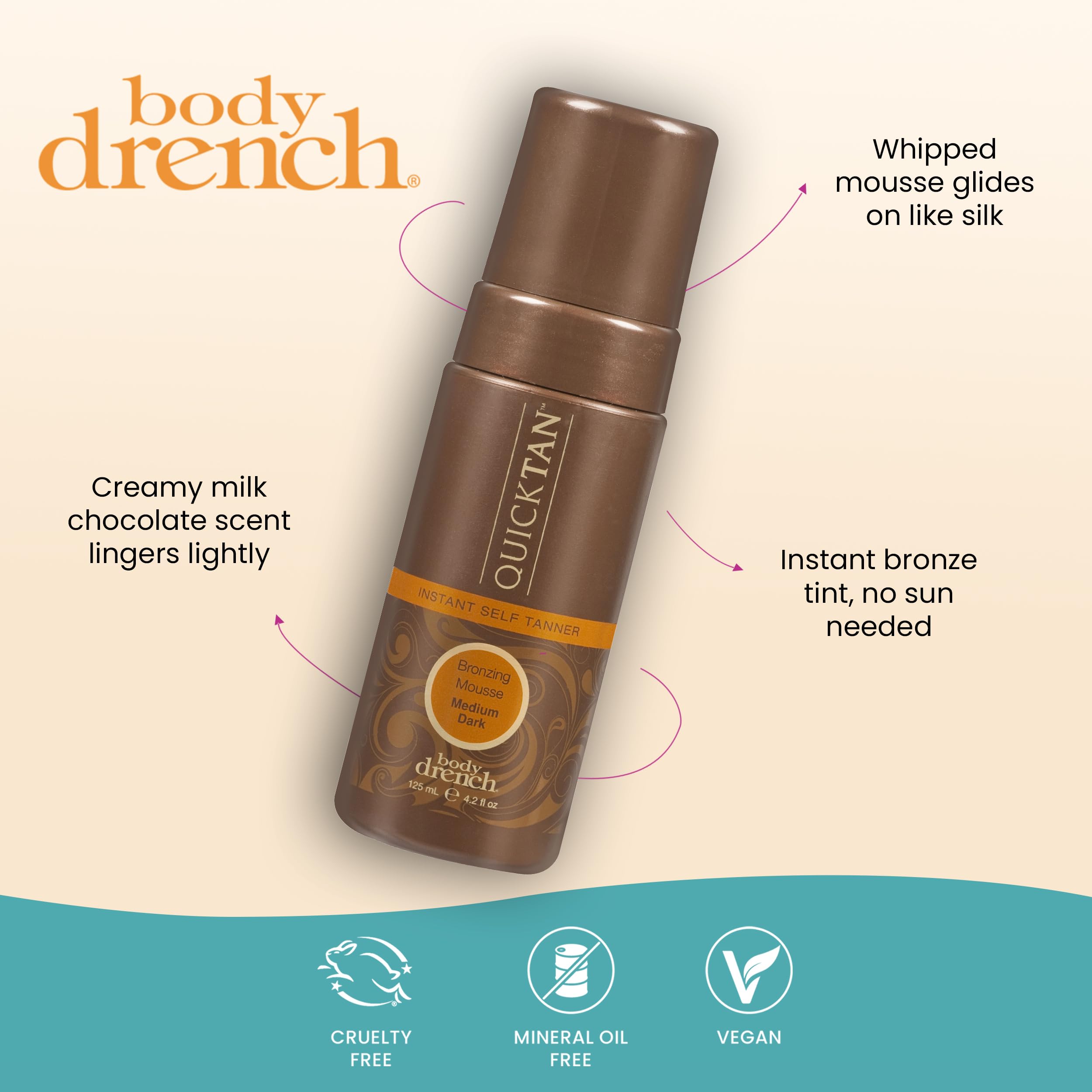 Body Drench QuickTan mousse-bronze-finish highlights natural sun-kissed glow.