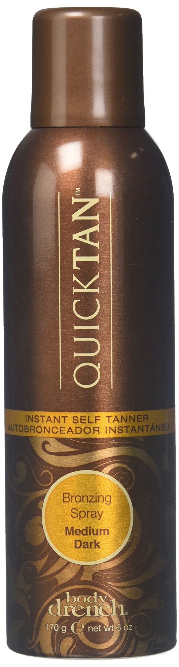 Body Drench QuickTan spray with a 360-degree nozzle for even at-home application and instant bronze glow.