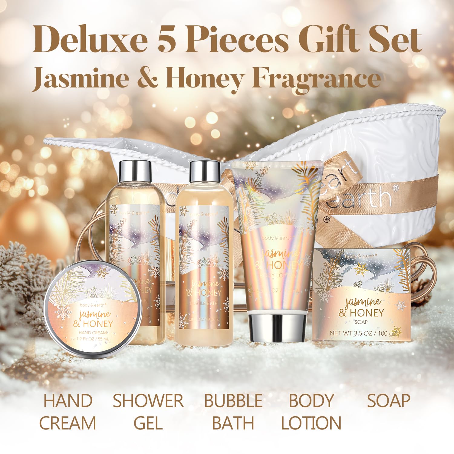 Body & Earth bath spa kit collection with jasmine and honey scent