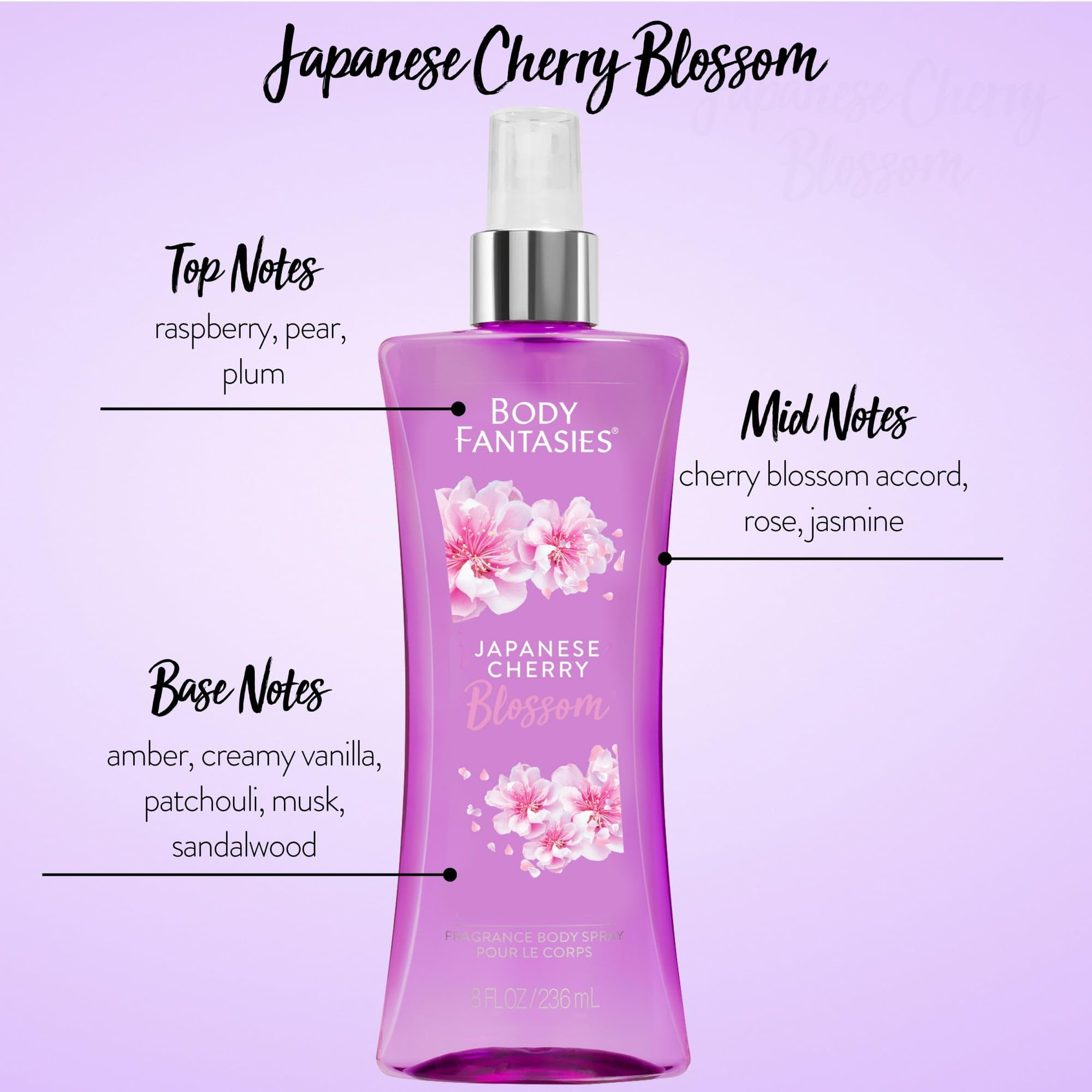 Body Fantasies Japanese Cherry Blossom mist for quick refresh throughout the day.