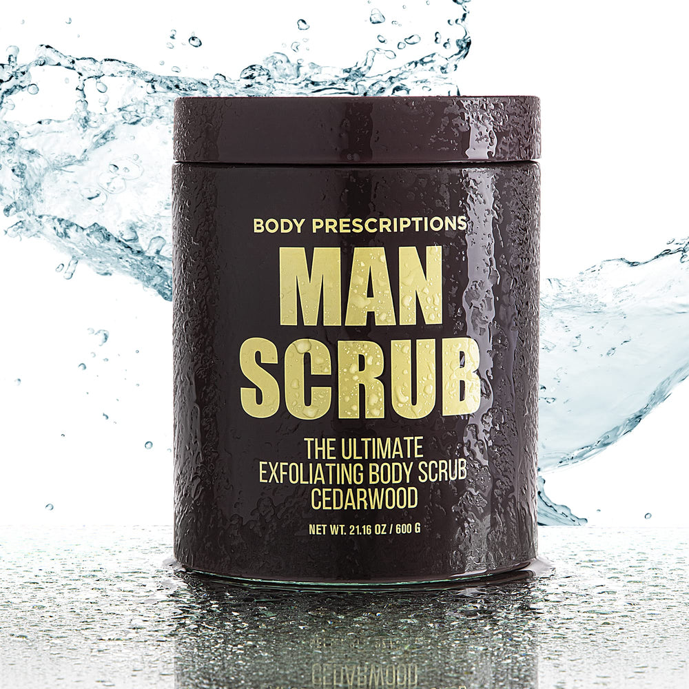 Body Prescriptions cedarwood scrub 21-ounce jar and label capture product size.