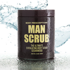 Body Prescriptions cedarwood scrub 21-ounce jar and label capture product size.