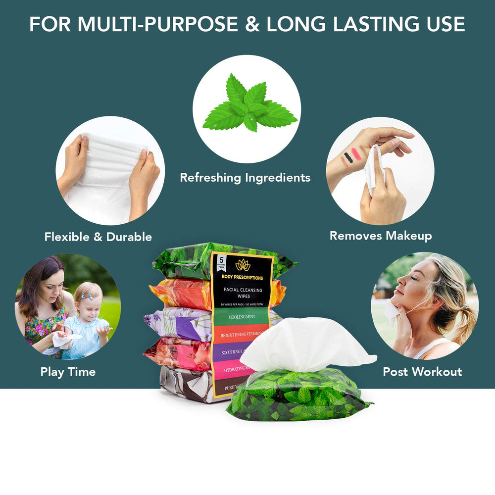 Close-up of Body Prescriptions wipes cleansing the face