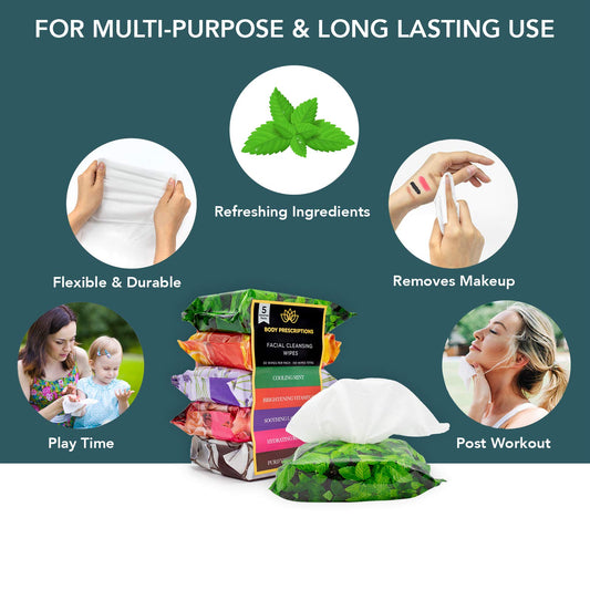 Close-up of Body Prescriptions wipes cleansing the face