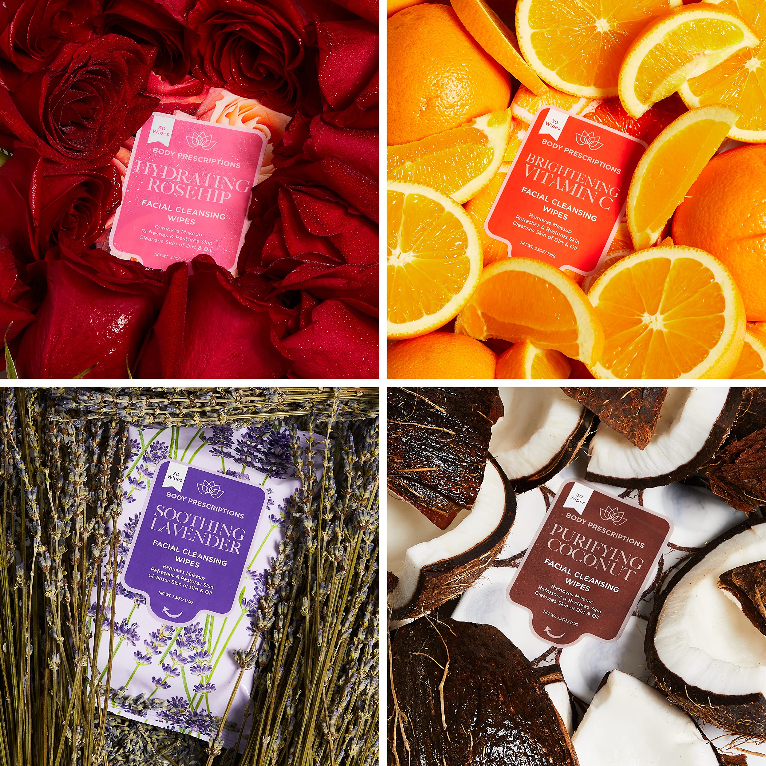 Rosehip and vitamin C in Body Prescriptions wipes support gentle cleansing