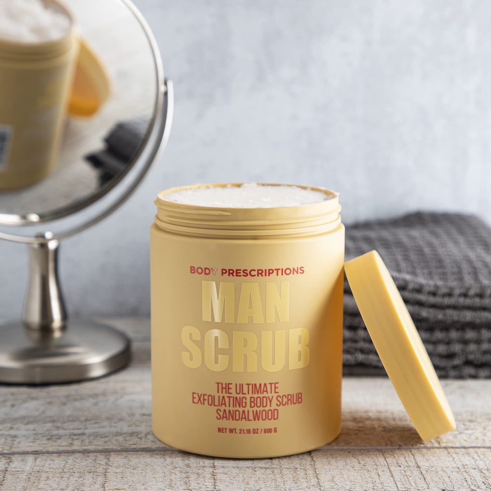 Body Prescriptions man scrub shower-application scene highlighting gentle exfoliation.