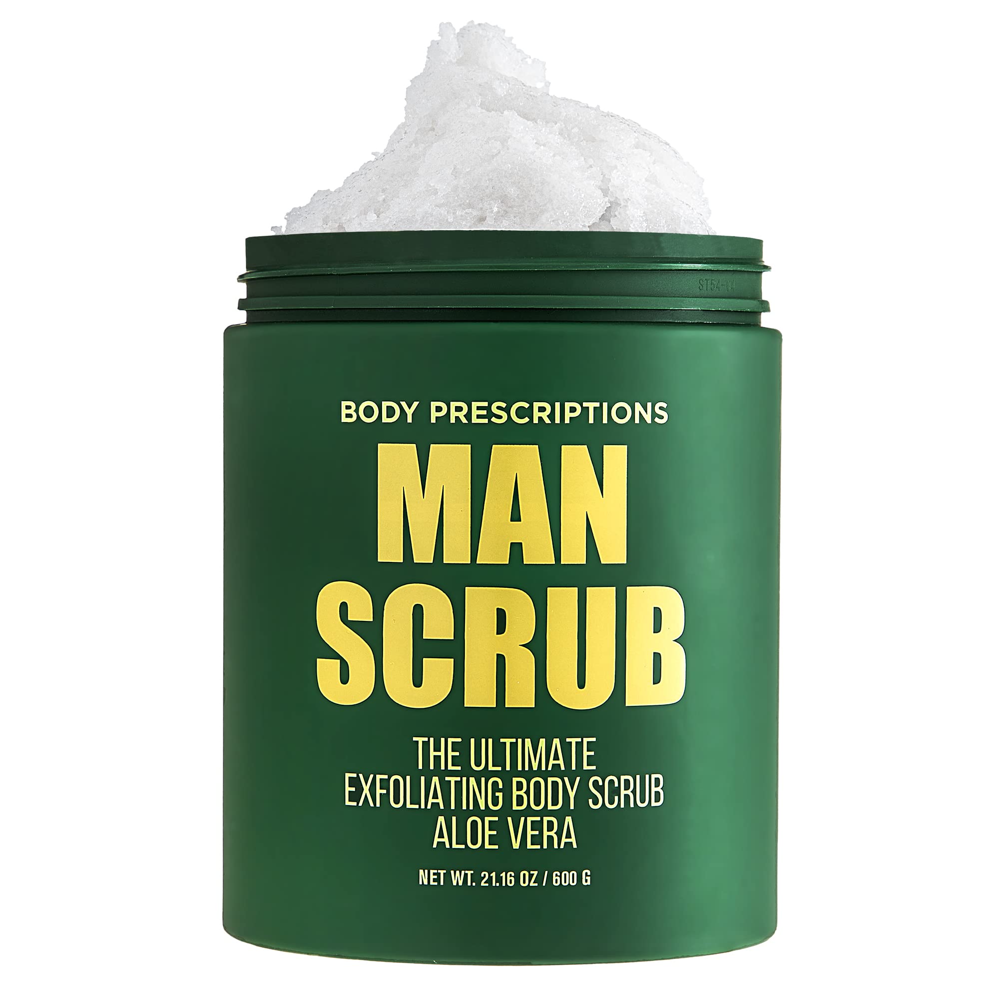 Body Prescriptions Mens Exfoliating Body Scrub jar on shelf ready for a revitalizing shower.