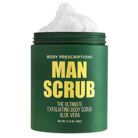 Body Prescriptions Mens Exfoliating Body Scrub jar on shelf ready for a revitalizing shower.