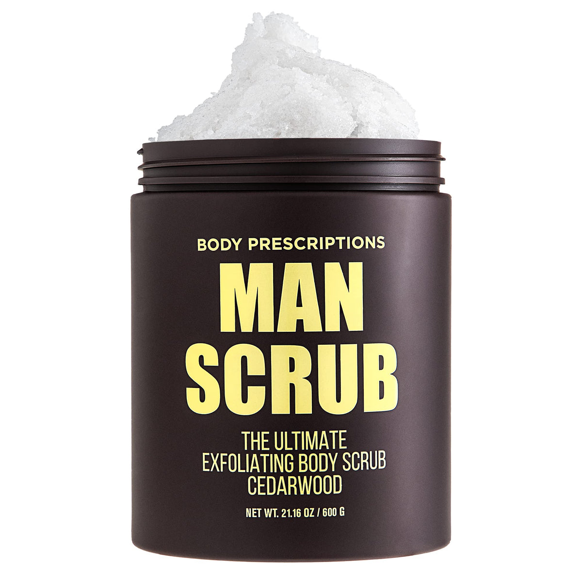 Body Prescriptions men's exfoliating scrub jar top provides easy cleansing during showers.