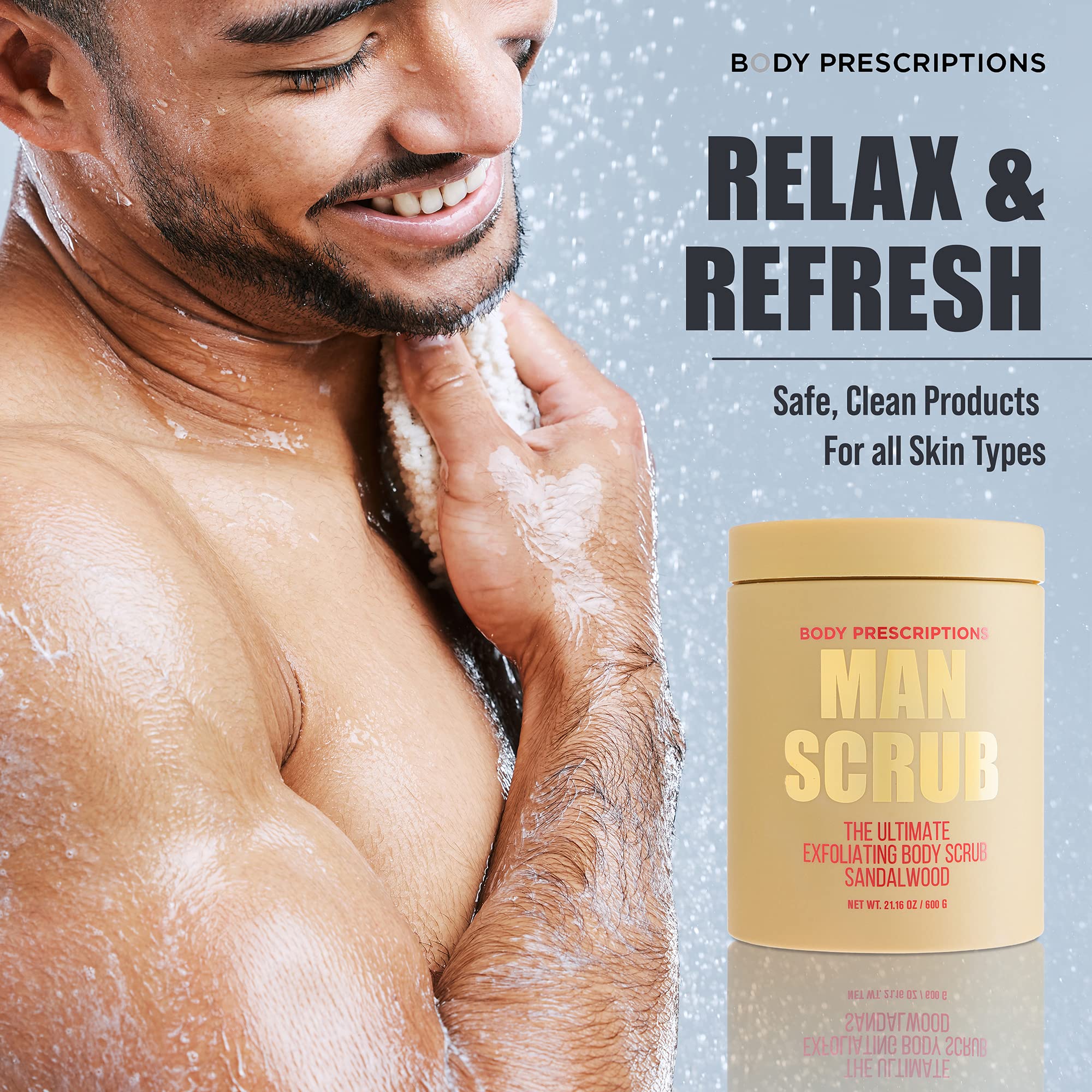 Body Prescriptions sandalwood exfoliating scrub texture close-up for luxurious cleansing.