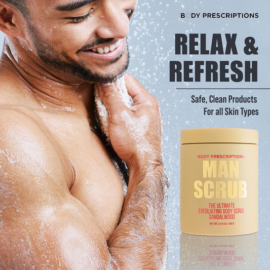 Body Prescriptions sandalwood exfoliating scrub texture close-up for luxurious cleansing.