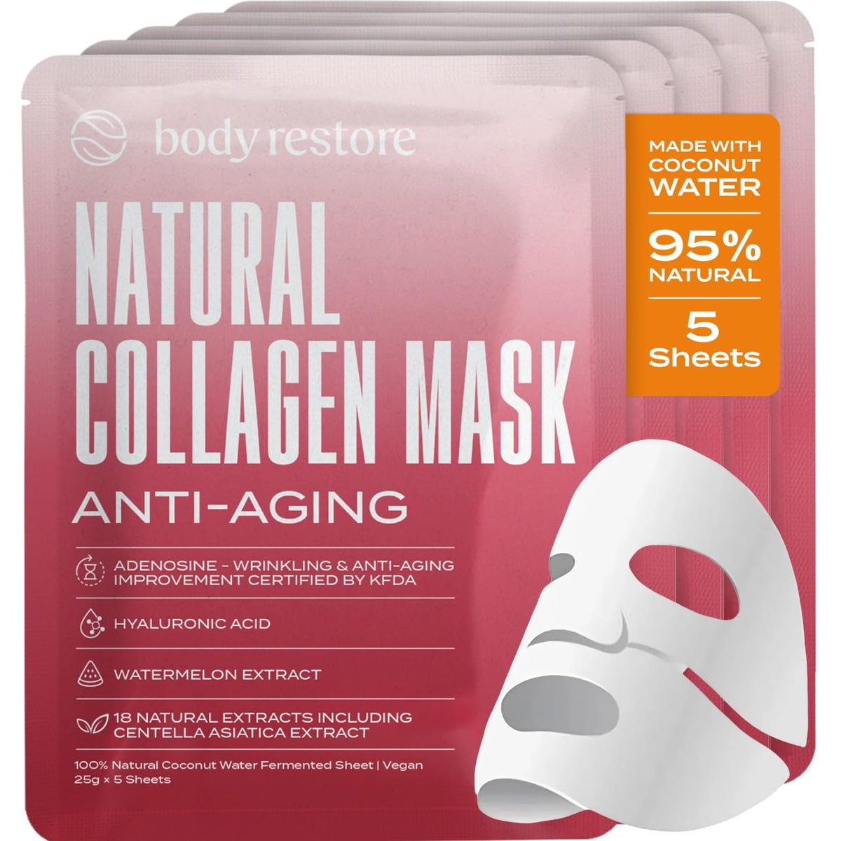 Body Restore Collagen Face Mask 5 Pack box closeup for premium skincare benefits
