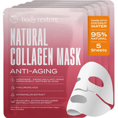 Body Restore Collagen Face Mask 5 Pack box closeup for premium skincare benefits