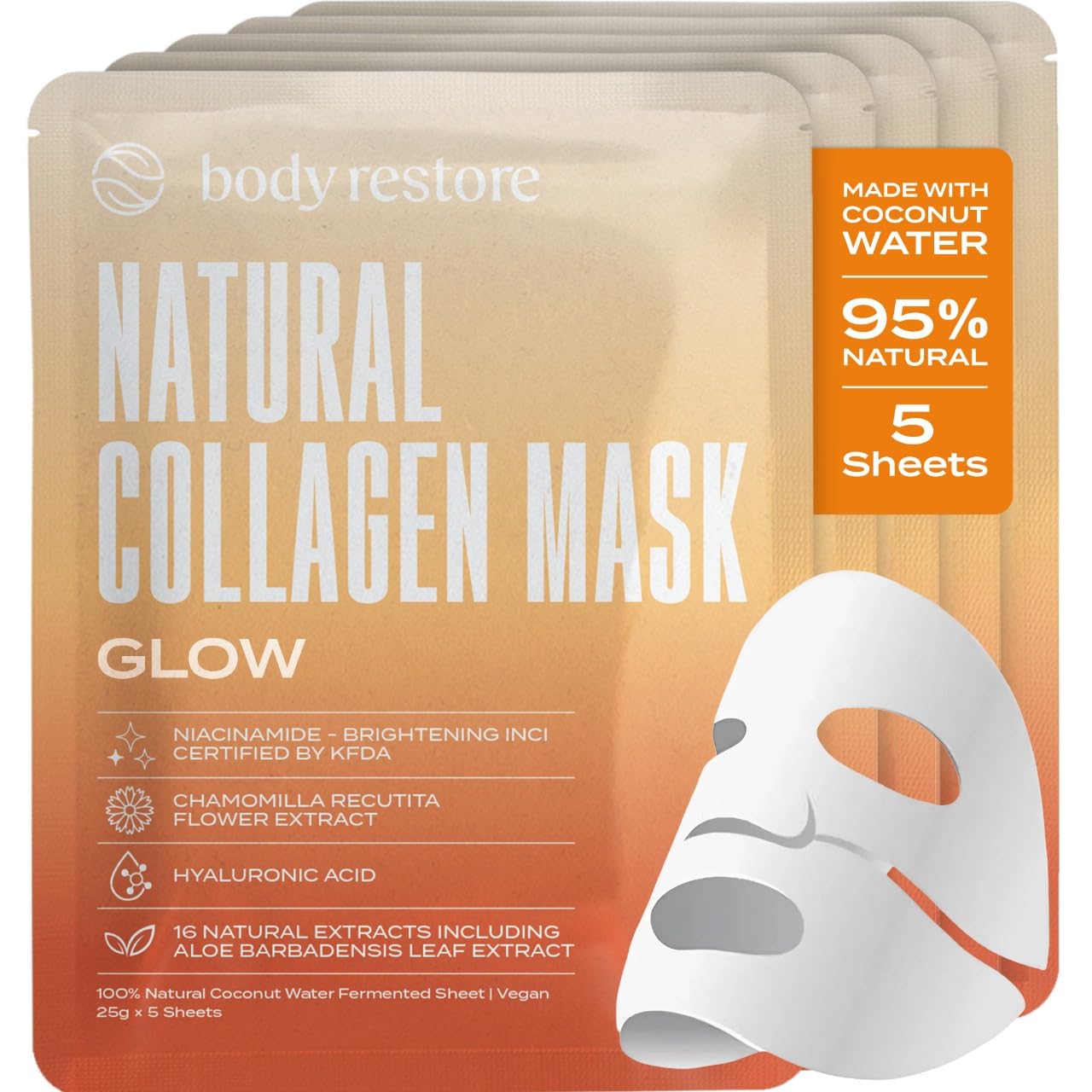 Body Restore natural collagen face mask pack photo showing a five-mask gift set for hydration