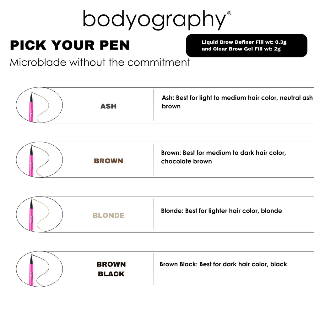 Bodyography Epic Brow Liquid Definer pen close-up enables precise hair-like strokes.