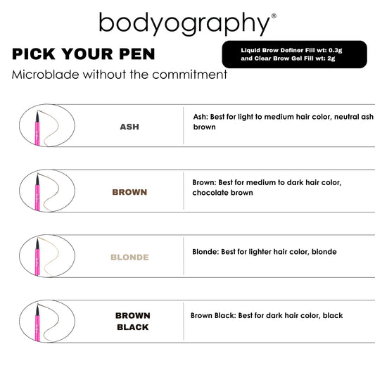 Bodyography Epic Brow Liquid Definer pen close-up enables precise hair-like strokes.