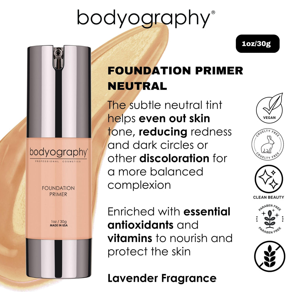 Bodyography Foundation Primer with jojoba oil and shea butter delivers natural glow and hydration.