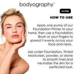 Bodyography Foundation Primer applied near eyes indicating brightening effect for under-eye areas.