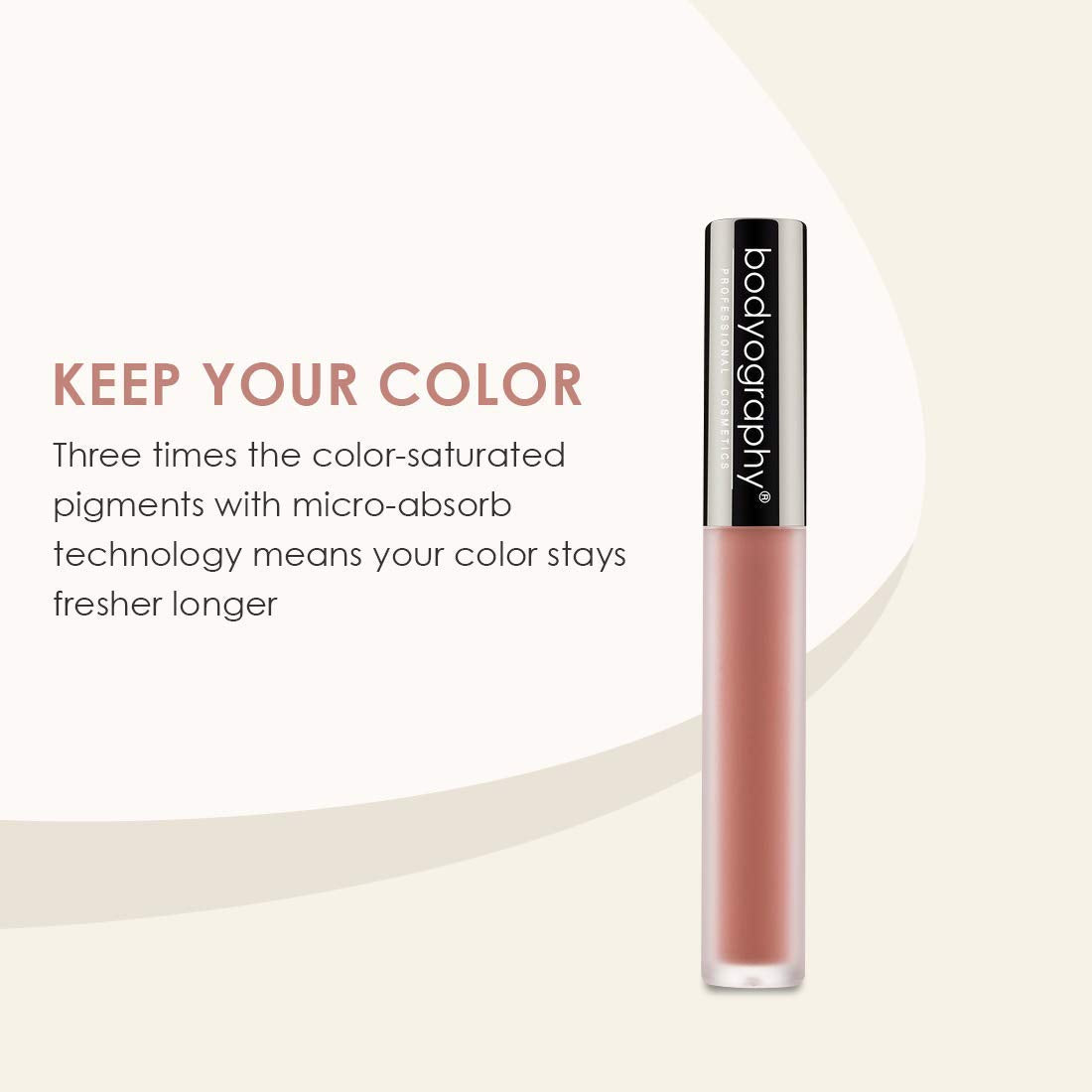 Bodyography Lip Lava Exposed packaging highlights vegan cruelty-free formula and Vitamin E benefits.