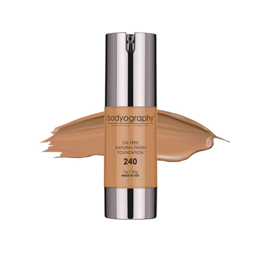 Bodyography Natural Finish Foundation Dark/Warm 240 bottle with oil-free formula for breathable wear.